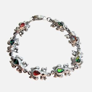 Vintage Dyed Abalone Frog Link Bracelet Silvertone Colorful Animal Jewelry